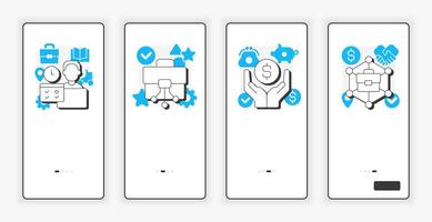 Being digital nomad pros mobile onboarding screen. Online business benefits depicting UX UI illustration. Flat outline style icons with blue accent vector