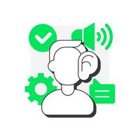 Listening skills flat outline concept icon. Language learning competence. Accurately receiving, interpretation messages. Modern line illustration with green glyphs. Conceptual visual. Easy to edit vector