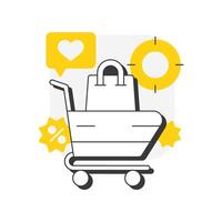 Product flat outline concept icon. Satisfies customer preferences. Four P marketing mix. Shopping cart with bag. Modern line illustration with yellow glyphs. Conceptual visual. Easy to edit vector