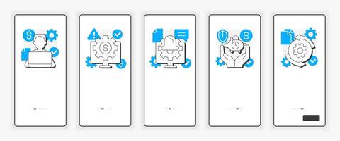 Payroll processing software pros mobile onboarding screen. Business automation UX UI illustration. Flat outline style icons with blue accent vector
