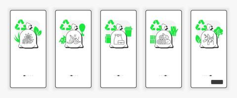 Organic waste types mobile onboarding screen. Green, food, non hazardous wood waste UX UI illustration. Flat outline style icons with green accent vector