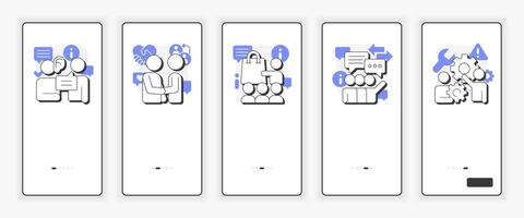 Salesperson essential skills mobile onboarding screen. Retail and customer service UX UI illustration. Flat outline style icons with purple accent vector