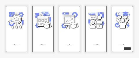 Improve academic performance mobile onboarding screen. Students support on course UX UI illustration. Flat outline style icons with purple accent vector