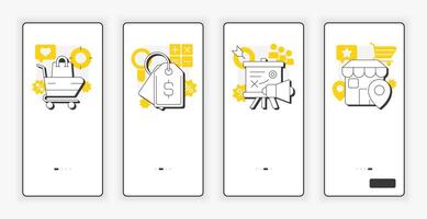 Four P marketing mix mobile onboarding screen. Products and services promotion UX UI illustration. Flat outline style icons with yellow accent vector