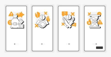 Types of objections mobile onboarding screen. Sales techniques problems highlighting UX UI illustration. Flat outline style icons with orange accent vector
