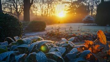 Morning sun rises over dew-covered garden with vibrant flowers and serene atmosphere photo