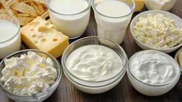Variety of dairy products displayed on a wooden surface in a cozy kitchen setting photo