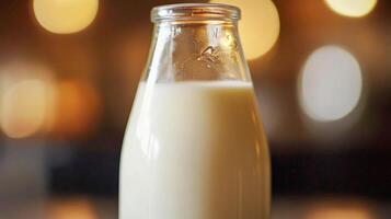 Freshly poured milk in a glass bottle setting with warm bokeh background during the afternoon light photo