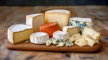 Assorted cheese varieties displayed on a wooden board in a rustic setting during a culinary gathering photo