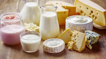 Variety of dairy products displayed on wooden surface in well-lit setting showcasing freshness and quality photo