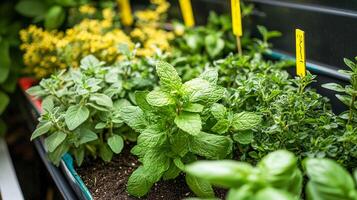 Herb garden flourishing with fresh greenery and vibrant blooms in a sunny home patio setting photo