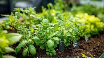 Herbs growing in garden beds at a local community garden during spring season with sunlight filtering through the leaves photo