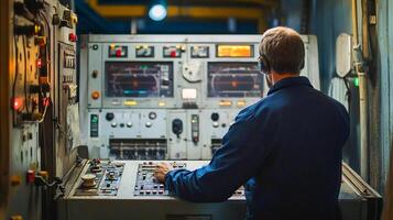 Control room operator monitors machinery in an industrial setting during nighttime hours photo