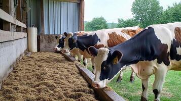 Cows feeding in a barn on a farm with green fields and trees in the background photo