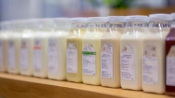 Selection of assorted milk bottles displayed on a wooden shelf in a market setting during daytime photo