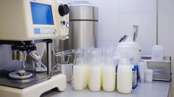 Laboratory setup for milk processing with bottles filled on a table during a quality control procedure photo