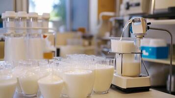 Milk processing in a laboratory setting showcasing various glass containers filled with fresh milk photo