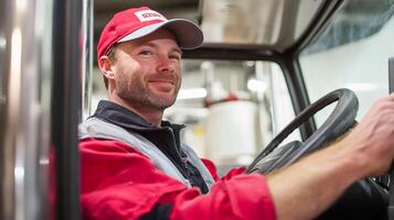 Friendly driver operates a delivery truck in a busy warehouse environment during the afternoon shift photo