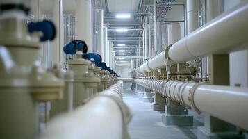 Industrial pipeline system extending through a large facility with clear overhead lighting and organized layout photo