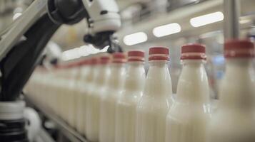 Bottling process in a dairy facility showcasing automation and precision in production of milk containers photo