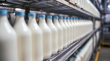 Milk bottles arranged on shelves in a dairy processing facility showcasing storage and preparation methods photo