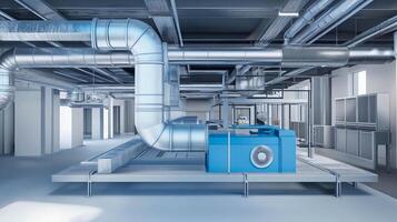 Air conditioning unit and ventilation system in modern industrial setting with metal ducts and clean surroundings photo