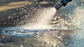 Water spraying from a hose onto a wet surface in the afternoon sunlight creating bubbles and droplets photo