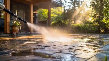 Pressure washing a stone patio in the sunlight with lush greenery surrounding the area photo