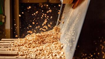 Wood shavings scatter from the edge of a woodworking machine in a workshop during evening hours photo