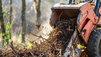 Chipper shredding branches in a dense forest during a sunny afternoon photo