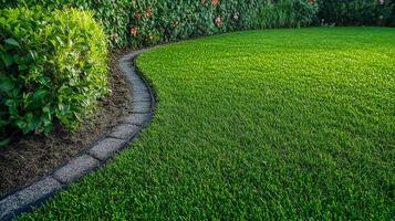 Lush green lawn with curved stone border and vibrant bushes in sunny afternoon setting photo