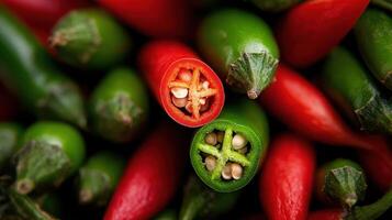 Close up view of red and green chili peppers showcasing vibrant colors and textures in a bountiful display photo