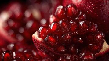 Macro shot captures pomegranate arils spilling out into a vibrant, glossy display of ruby red jewels photo
