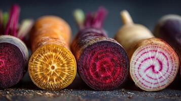 Exploring the vibrant patterns and colors of root vegetables including beets, carrots, and radishes photo