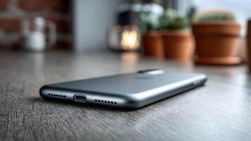 Stylish aluminum device in matte space gray on a wooden surface with background greenery and decor photo