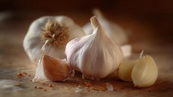 Close up view of garlic cloves with some peeled on a wooden surface for culinary use photo