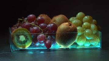 Display of genetically modified glowing fruits in a dark setting with vibrant colors photo
