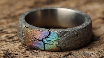 Titanium ring with embedded micro cracks showcasing iridescent patterns and unique texture photo