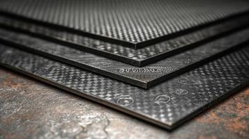 Layers of laser etched carbon fiber sheets on metal surface showcasing unique textures and patterns photo