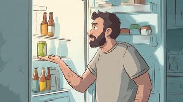 Man contemplates food and drink choices while standing in open refrigerator at home photo