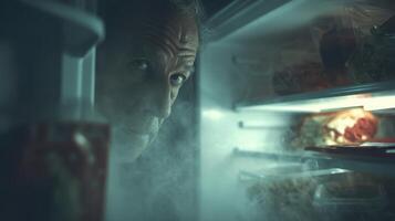 Curious man looking inside a fridge at night, exploring contents with intrigue photo
