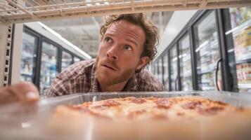 Man reaches for frozen pizza in grocery store freezer section while examining options closely photo