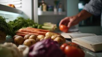 Man selects fresh produce from refrigerator while referencing a cooking book in a cozy kitchen photo