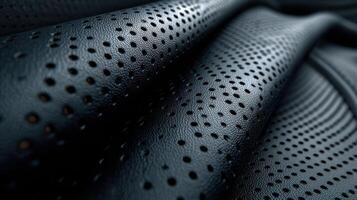 Jet black leather texture showcasing intricate patterns and perforations in a striking close up view photo