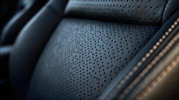 Close view of intricately textured jet black leather upholstery showcasing unique perforations and rich detailing photo