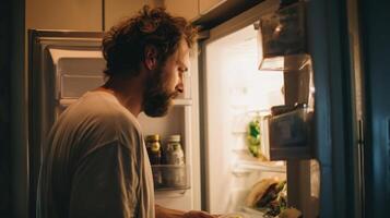 Man sighs while reaching for leftovers in a fridge during late night snack time photo