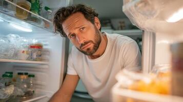 Man sighs with disappointment while searching for leftovers in the refrigerator late at night photo