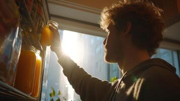 Man reaches for a jar of orange juice in a sunlit kitchen during a morning routine photo