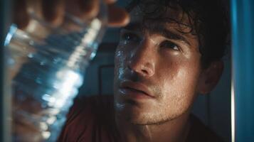Post workout man refreshing himself with cold water from fridge after intense exercise session photo
