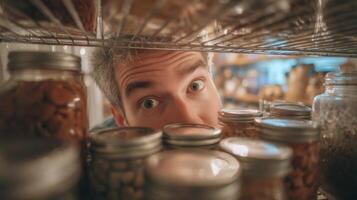 Man searching for hidden snack in refrigerator filled with jars and containers photo